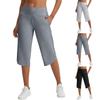 Calça Capris Feminina Elástica de Cintura Alta 3/4 com Caimento Casual Perna Larga Calças com Bolsos