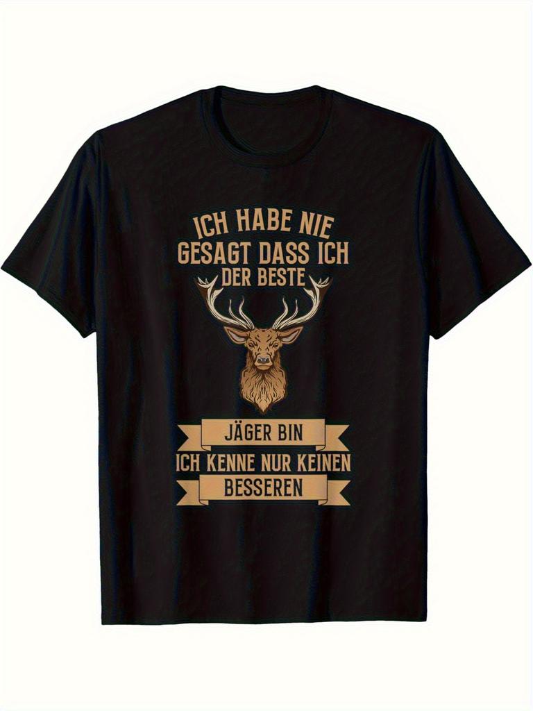 Men'S Vintage Hunting Slogan T-Shirt- Golden Printed Deer Antlers And German Text(Ich Habe Nie Einen Besseren)
