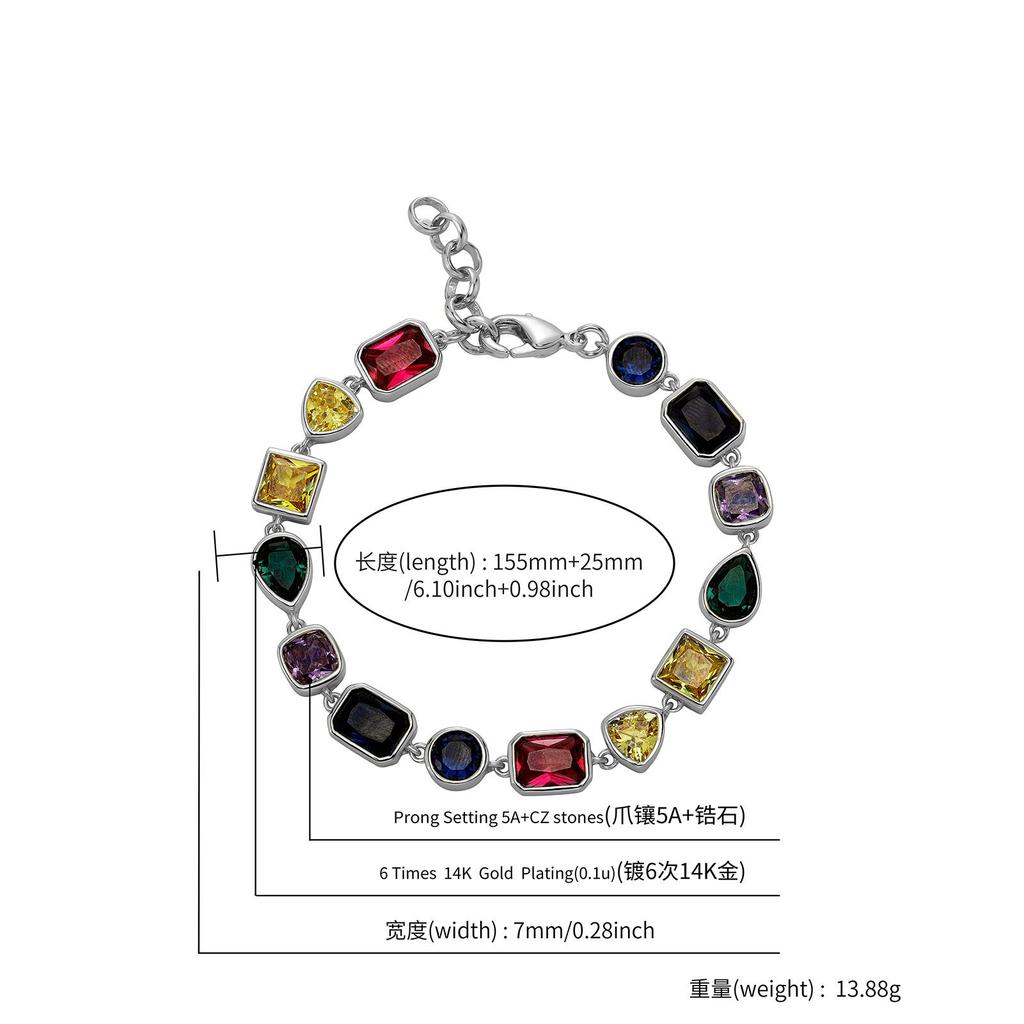 Stylish Colorful Square Rock Sugar Chain 10Mm Full Of Sparkling Zircon Pearl Bracelet Hip Hop Necklace