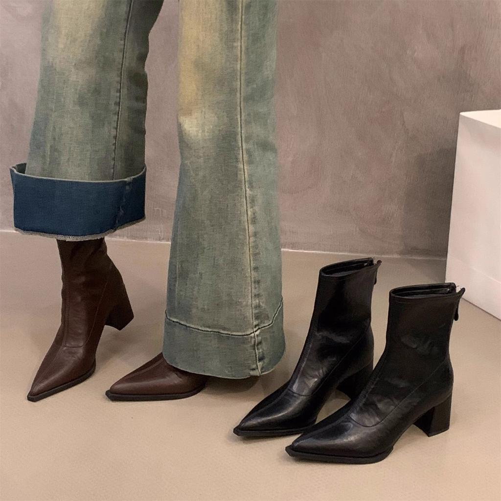 High Heel Coarse Heel Pointed French Small Ankle Boots Women's Shoes 2025 Autumn and Winter Brown Fleece Martin Boots Skinny Short Boots