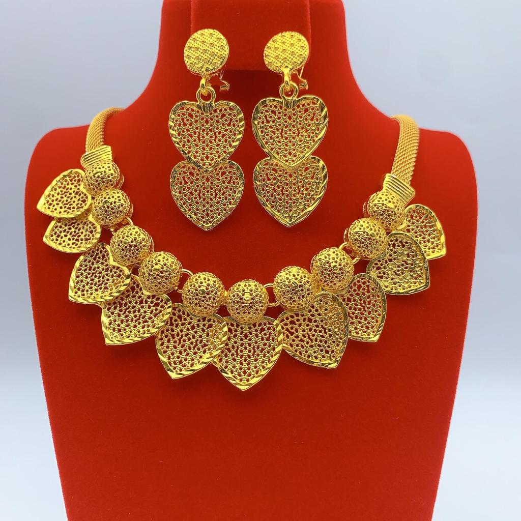Gold-Plated Brass Flower Necklace & Earrings Set for Women's Wedding Jewelry