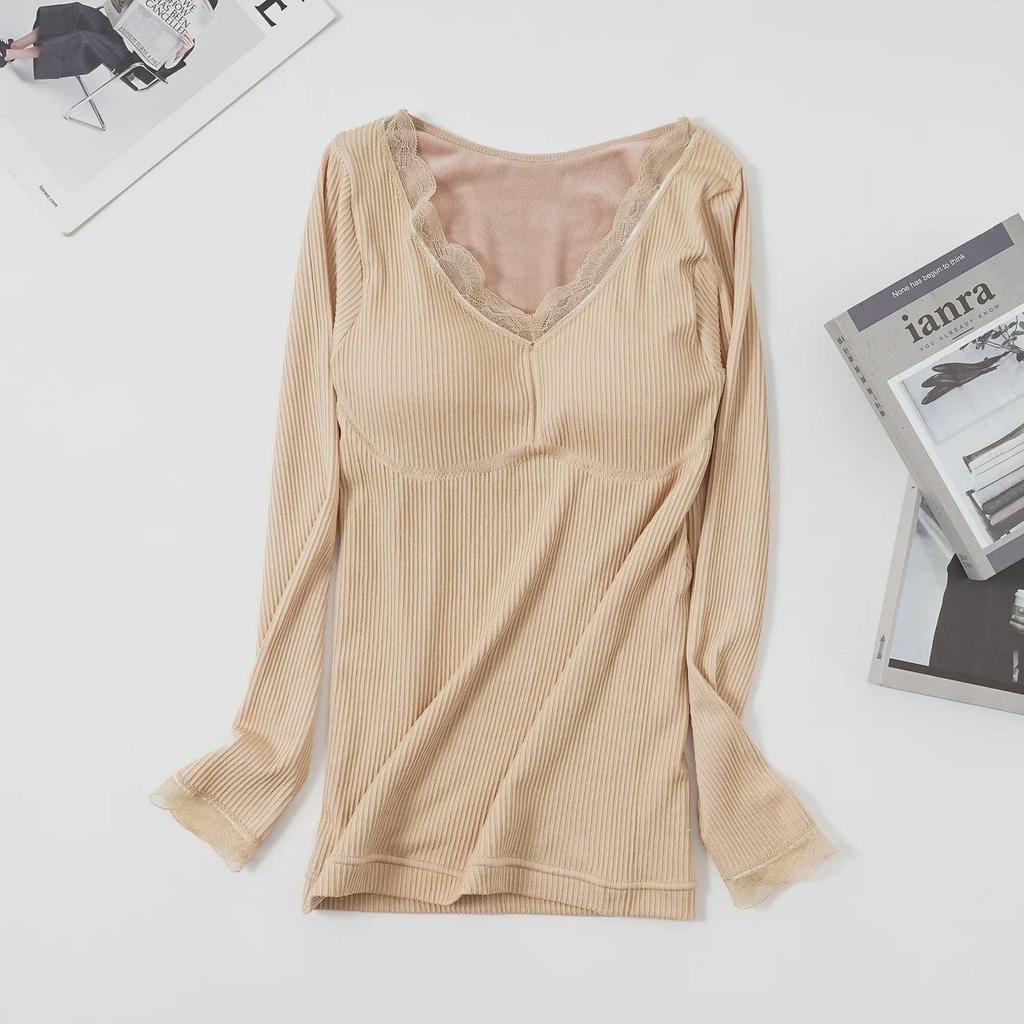 "Top de iarnă călduros pentru femei cu gât în V din fleece cu cupe pentru bust, mânecă lungă, cămașă strâmtă de bază"