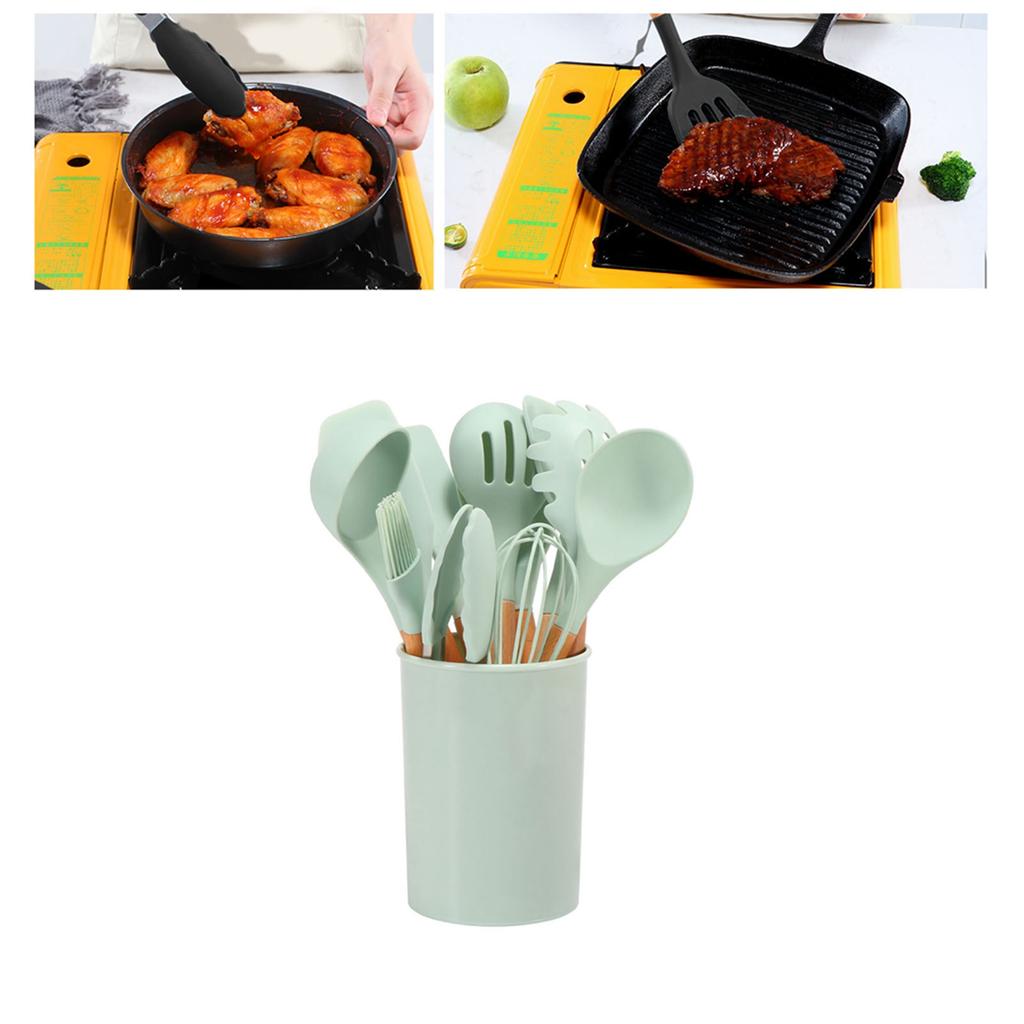 11 Pcs Silicone Kitchenware Set Heat Proof Wooden Handle Kitchen Utensils Set with Storage Bucket