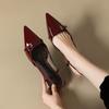 Sandalias de tacón medio con punta de charol rojo vino francés de verano para mujer, zapatos retro de tacón fino con parte trasera vacía