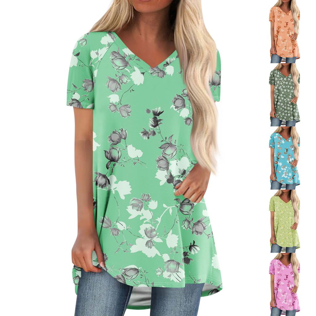 Ladies Short Sleeve Pleated Loose Tops Plus Size Casual Tops V Neck Short Sleeves Casual Summer T Shirts Ladies Tops T Shirts Shirts