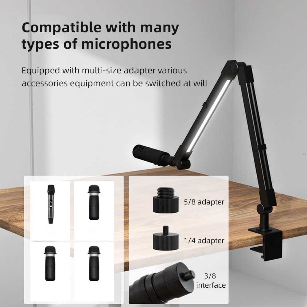 Desktop Microphone Boom Arm with LED Fill Light 2700K-6500K & Remote Control Desk Mount Mic Stand
