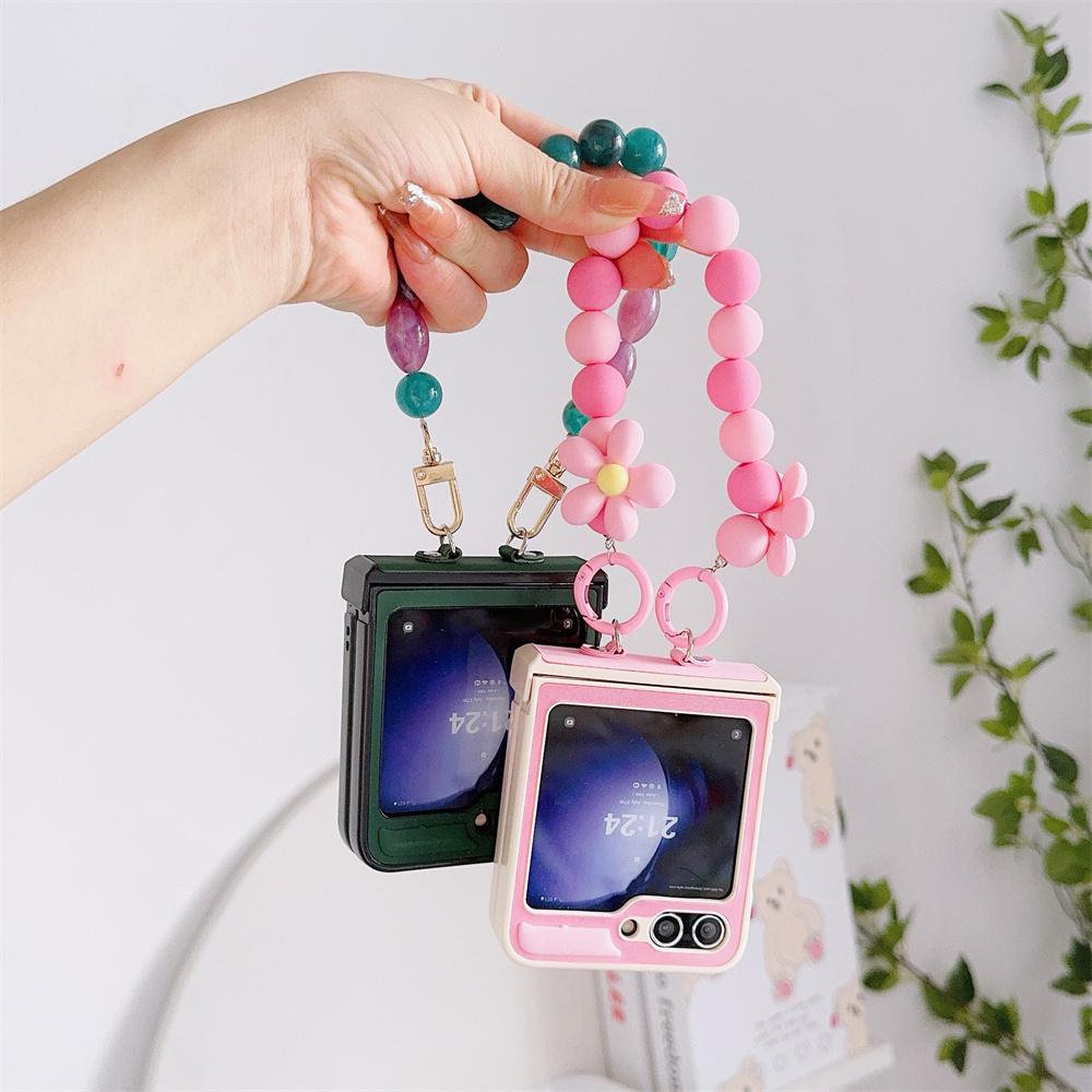 Phone Case with Hinge Protection & Beads Wrist Strap Bracelet For Samsung Galaxy Z Flip 6 5 4 3 5G Hard Plastic PU Leather Cover