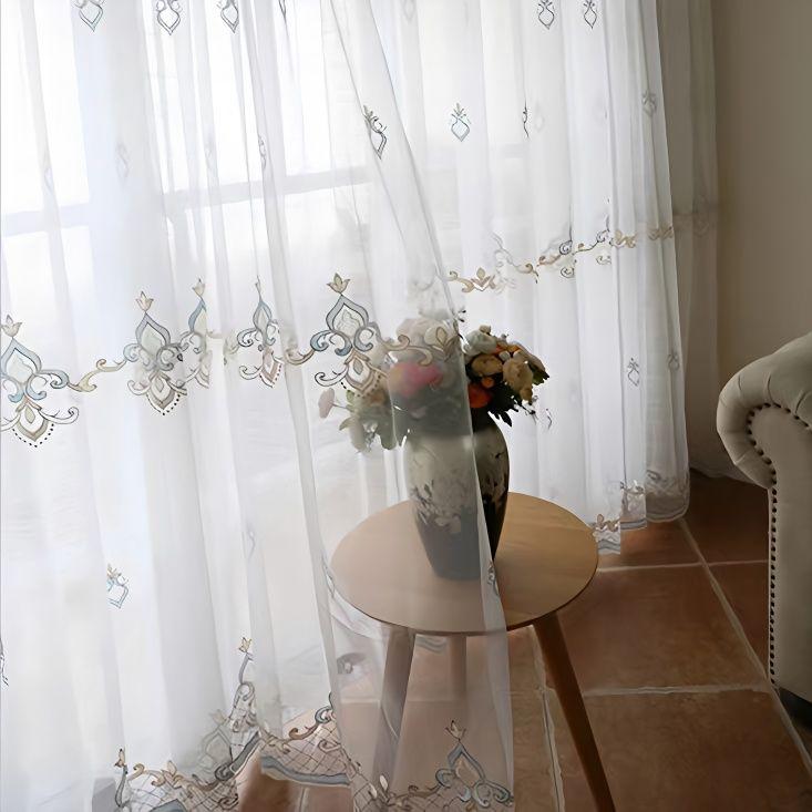 3D Embroidered Floral Tulle | Luxurious European Design | Grommet Tops, Beaded Ropes and Lace Valances | Bedrooms and Living Rooms