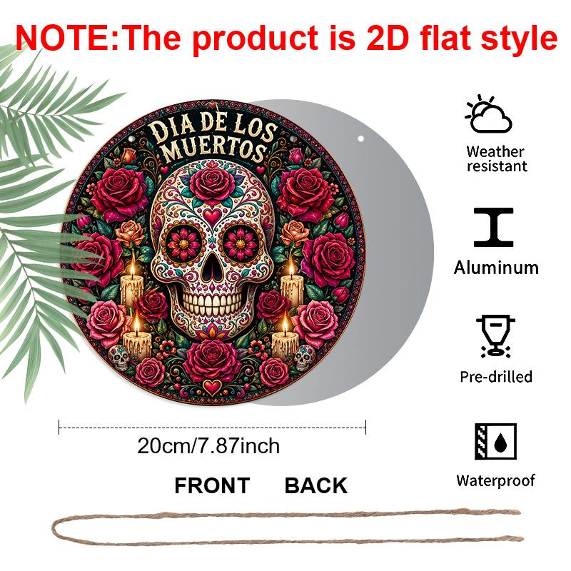 2D Flat, 1pc Dia De Los Themed Round Metal Hanging Sign, Traditional Mexican Folk Art Blooming Rose Candle Decor Plaque, Easy Hang Indoor Outdoor
