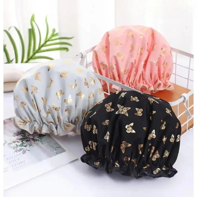 Double Shower Cap Waterproof Hair Cap Hot Gold Printed Terylene Cotton Shower Hat Bathing Comfortable Women Eco-Friendly