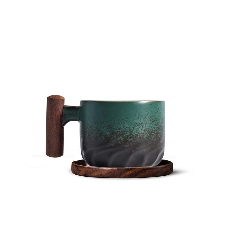 130ml Ceramic Coffee Mug With Wooden Handle Heat-resistant Kungfu Teacup With Coaster Kungfulatte Cappuccino Espresso Cup