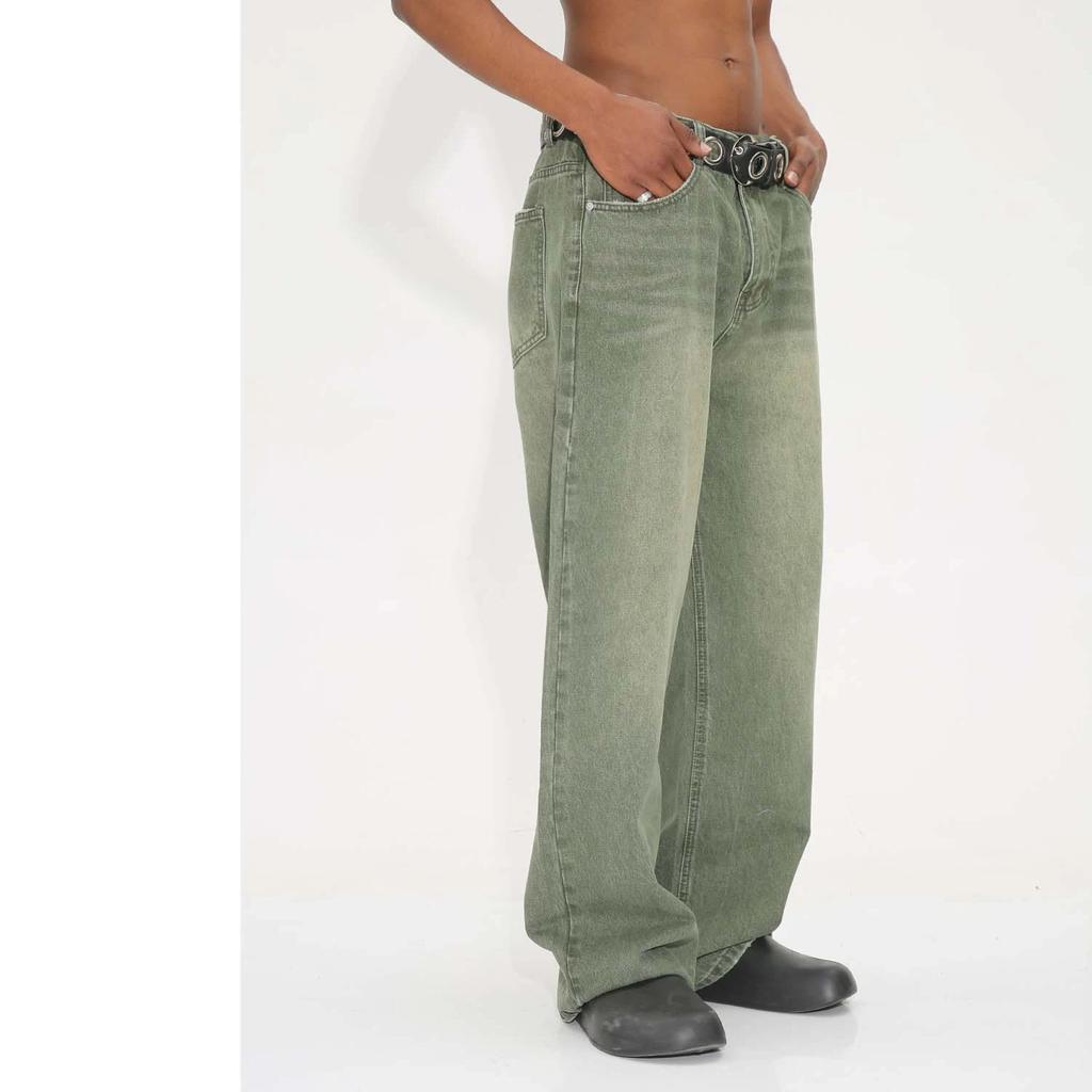 Korean Style Denim Pants Men Retro Washed Green Jeans Men High Quality Mid-waist Wide Leg Pants Men Denim Trousers
