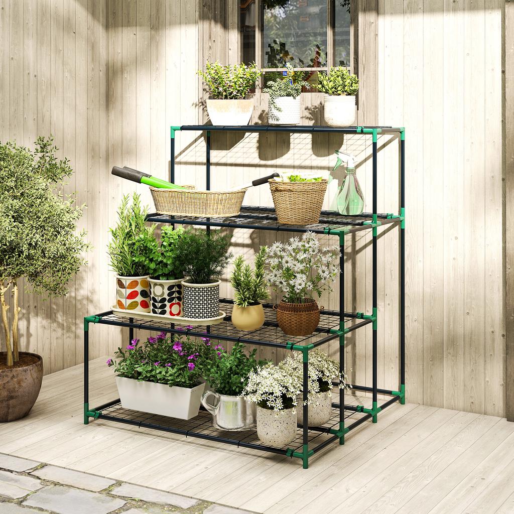 4-Tier Plant Stand, 110 cm High Flower Stand with 24 Clips, Plant Shelf Made of Steel Dark Green