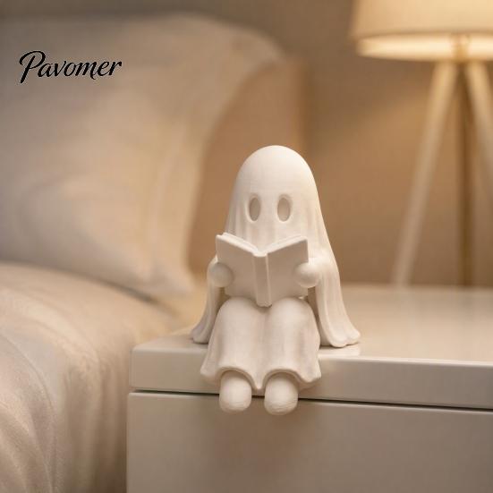 Small Shelf Sitter Ghost Reading Book Halloween Decoration, 3D Printed Statue, Unique Bookshelf Figurine Cute Spooky Sitting for Bookshelf,