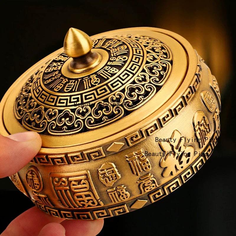 1pc Metal Ashtray Flat Bottomed Ashtray with Lid Desktop Ornament Buddhist Temple Utensils Incense Burner Home Decoration