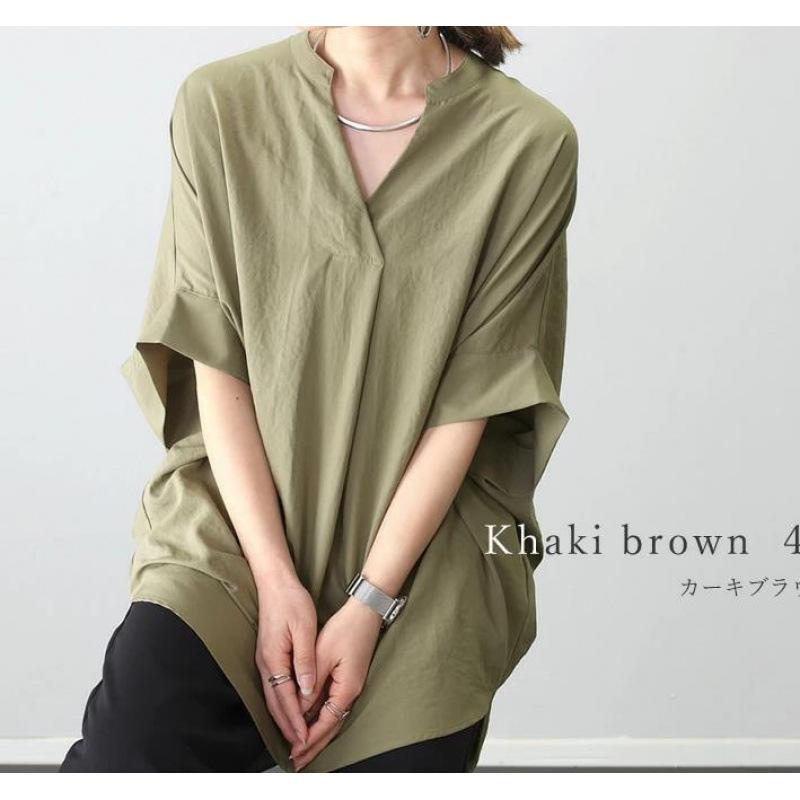 Japanese summer new spring and autumn V-neck pullover loose and thin solid color shirt top women's shirt