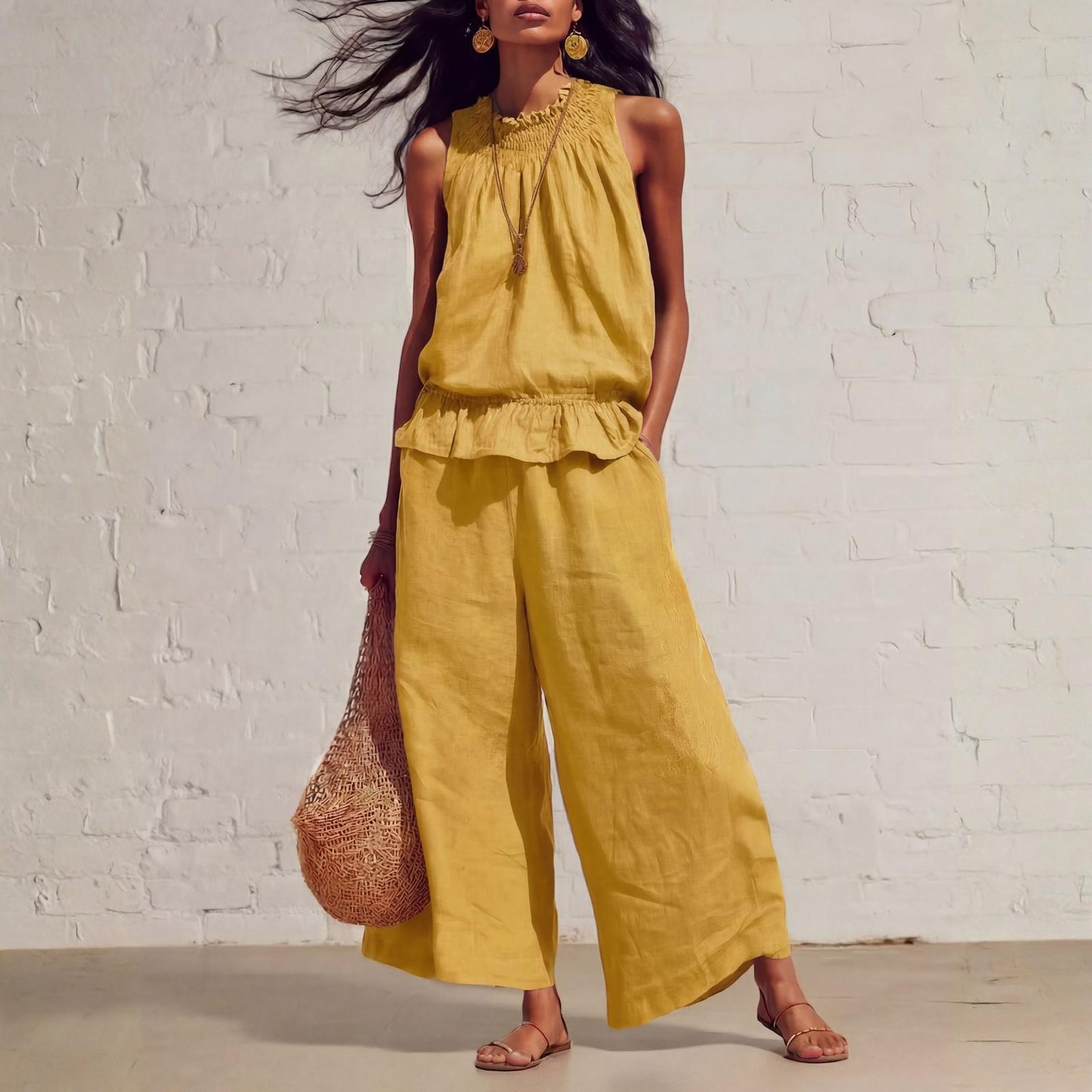 

Women s Casual Retro Bohemian- Ruffle Cotton-Linen Two-Piece Set XL жовтий