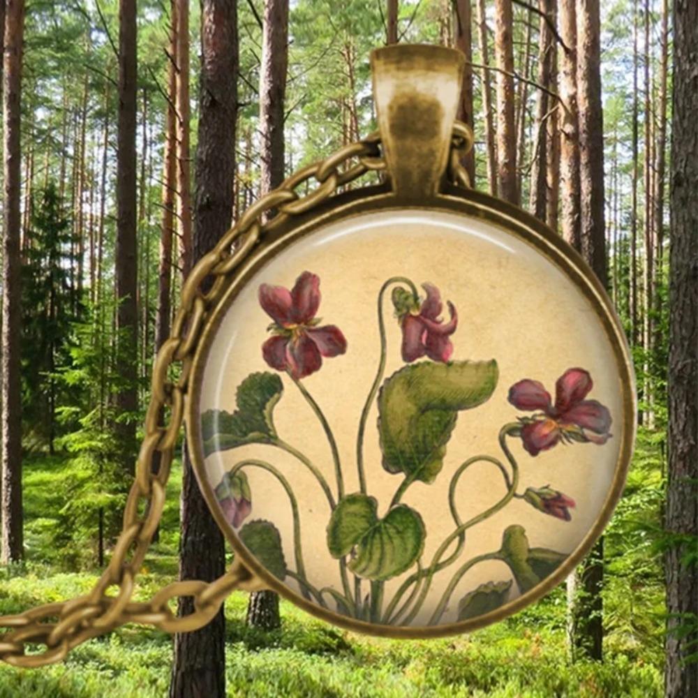 Vintage Antique Gold Plated Colorful Sweet Pea Flower Glass Pendant Necklace For Women Jewelry