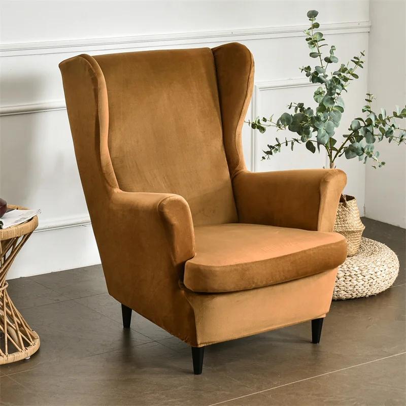 Husa fotoliu cu aripă din catifea moale, elastică, relaxată, huse elastice pentru canapea cu aripă, huse elastice din spandex pentru fotoliu cu spătar înalt, cu husă pentru perna de șezut