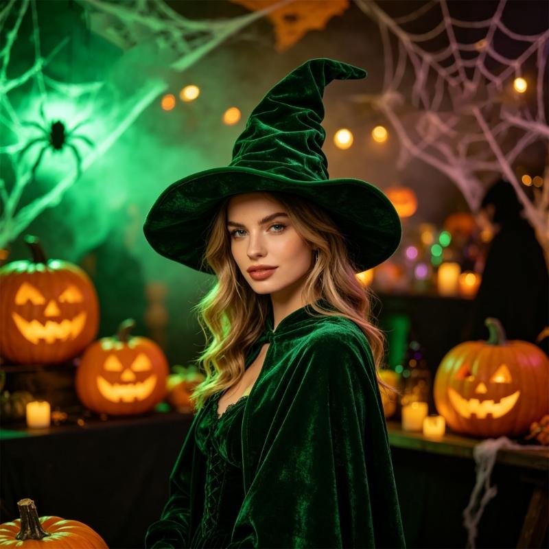 Costume Witch Hat for Halloween Event, Soft Fabric Wide Brims Dressing-Up Hat with Twist Crowns for Themed Performances