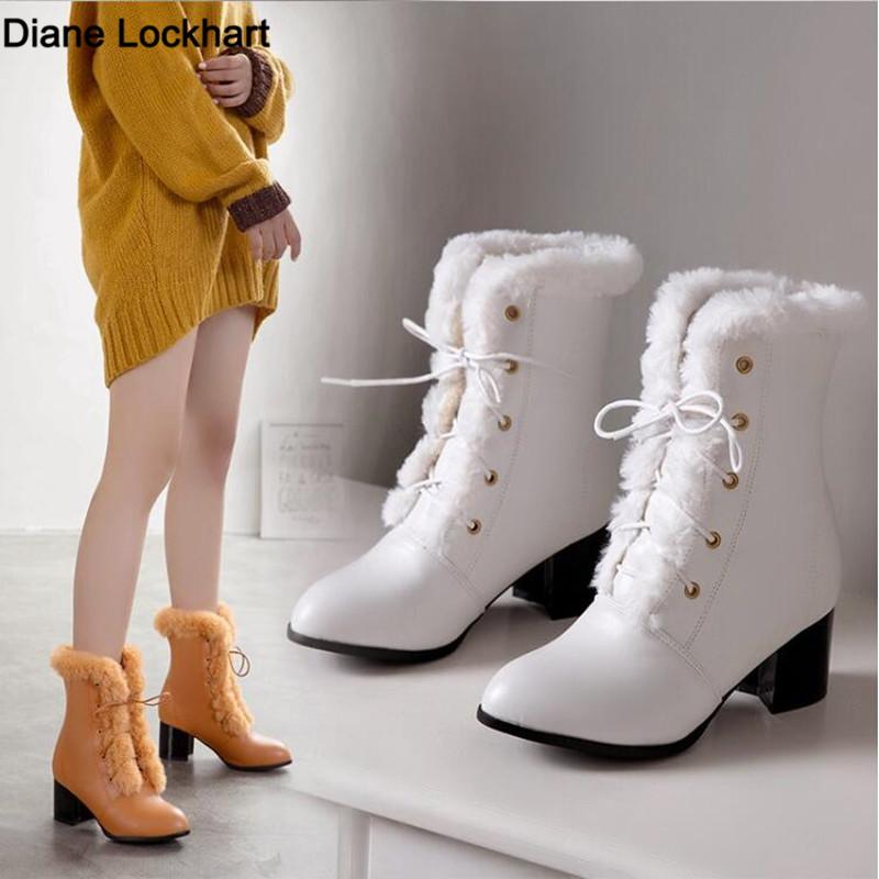 Fashion 2025 Autumn Winter Fur Women Ankle Boots Quality Solid Lace-up Ladies Shoes Fashion Square High Heels Boats Botines Mujer 33
