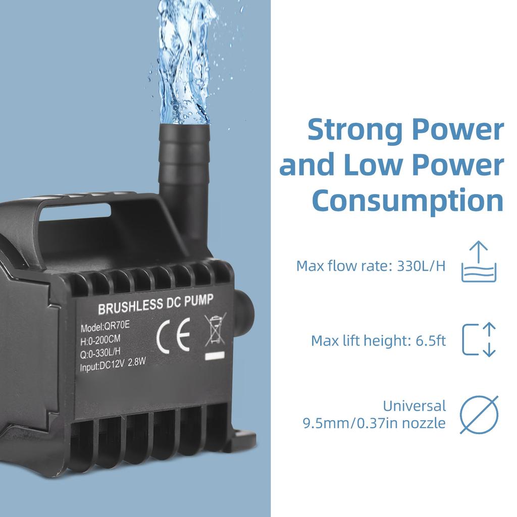 Zanurzalna pompa wodna 12V Elektryczna 500L/h Mała pompa fontannowa z maksymalną wysokością podnoszenia 4,9 stopy, 1,6 stopy przewodu i podstawą z przyssawkami,