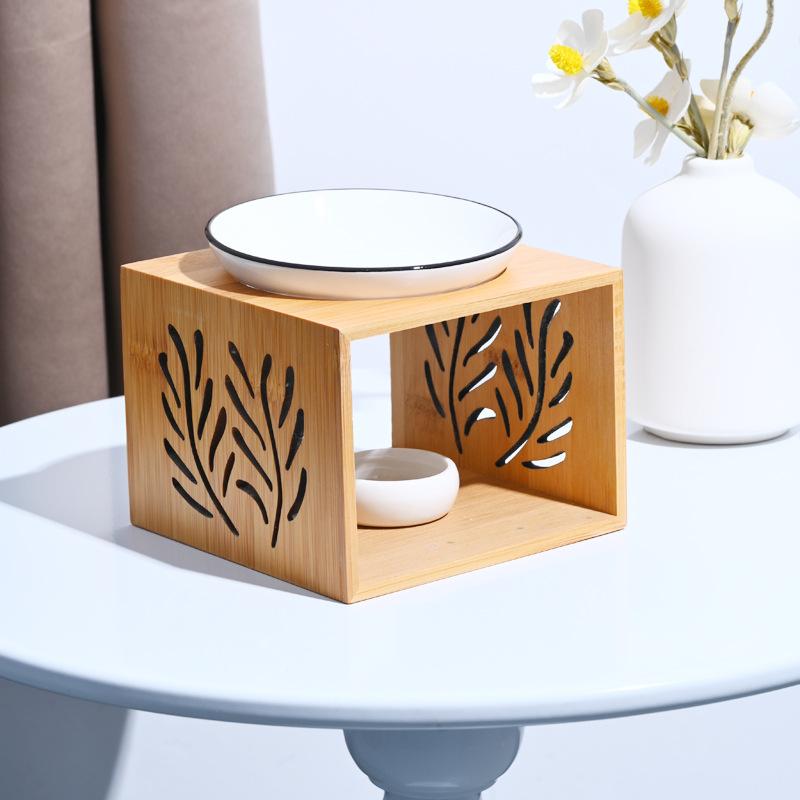 Bamboo Ceramic Essential Oil Burner, Aromatherapy Wax Melt Warmer with Tealight Holder, Home Fragrance Diffuser