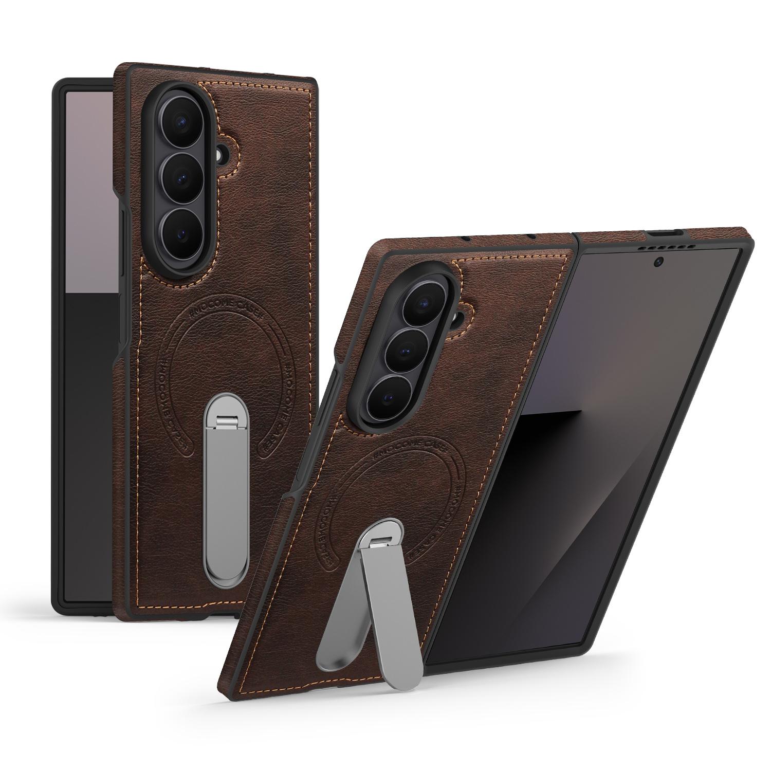 

For Samsung Galaxy Z Fold7 5G Magnetic Case Rotating Kickstand Leather Coated PC Phone Cover Coffee