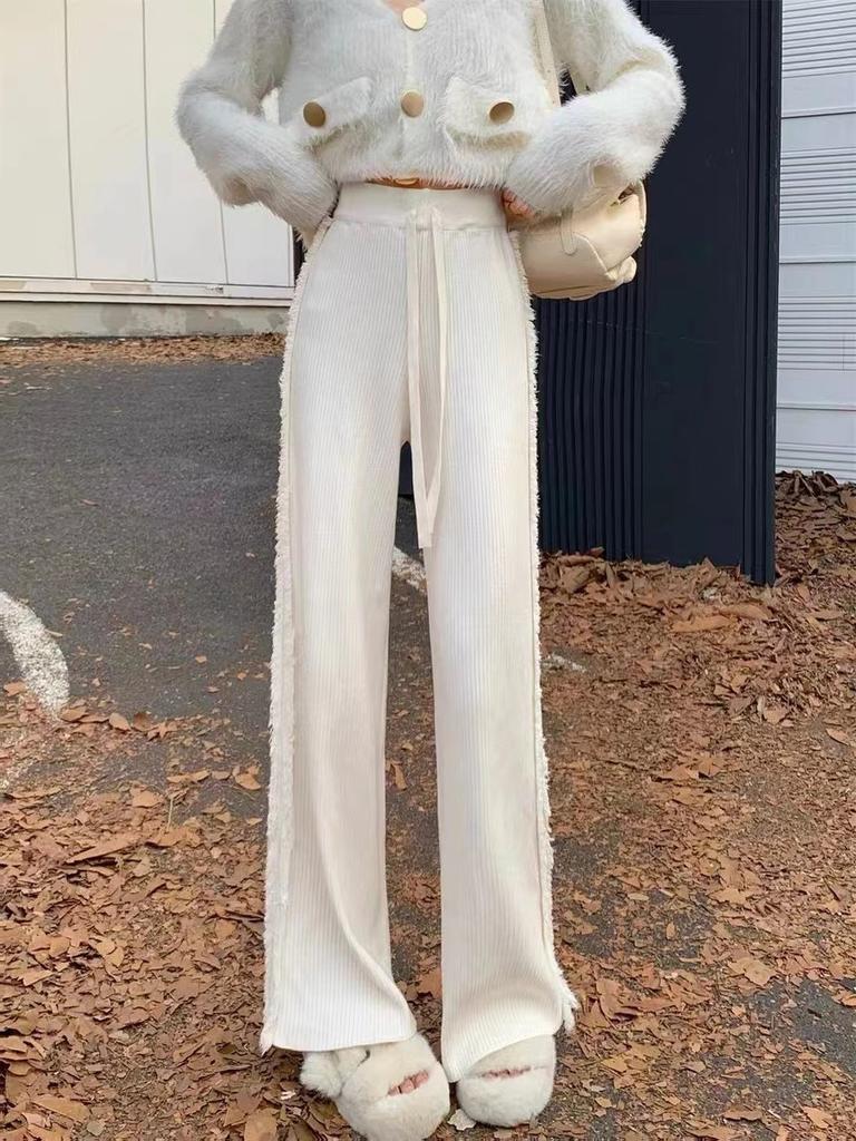 Fleen Fringe Knit Wide-leg Pants for Women, Autumn and Winter, Loose Fit, High-waisted, Straight-leg, Casual Knit Pants To Pair with Coats