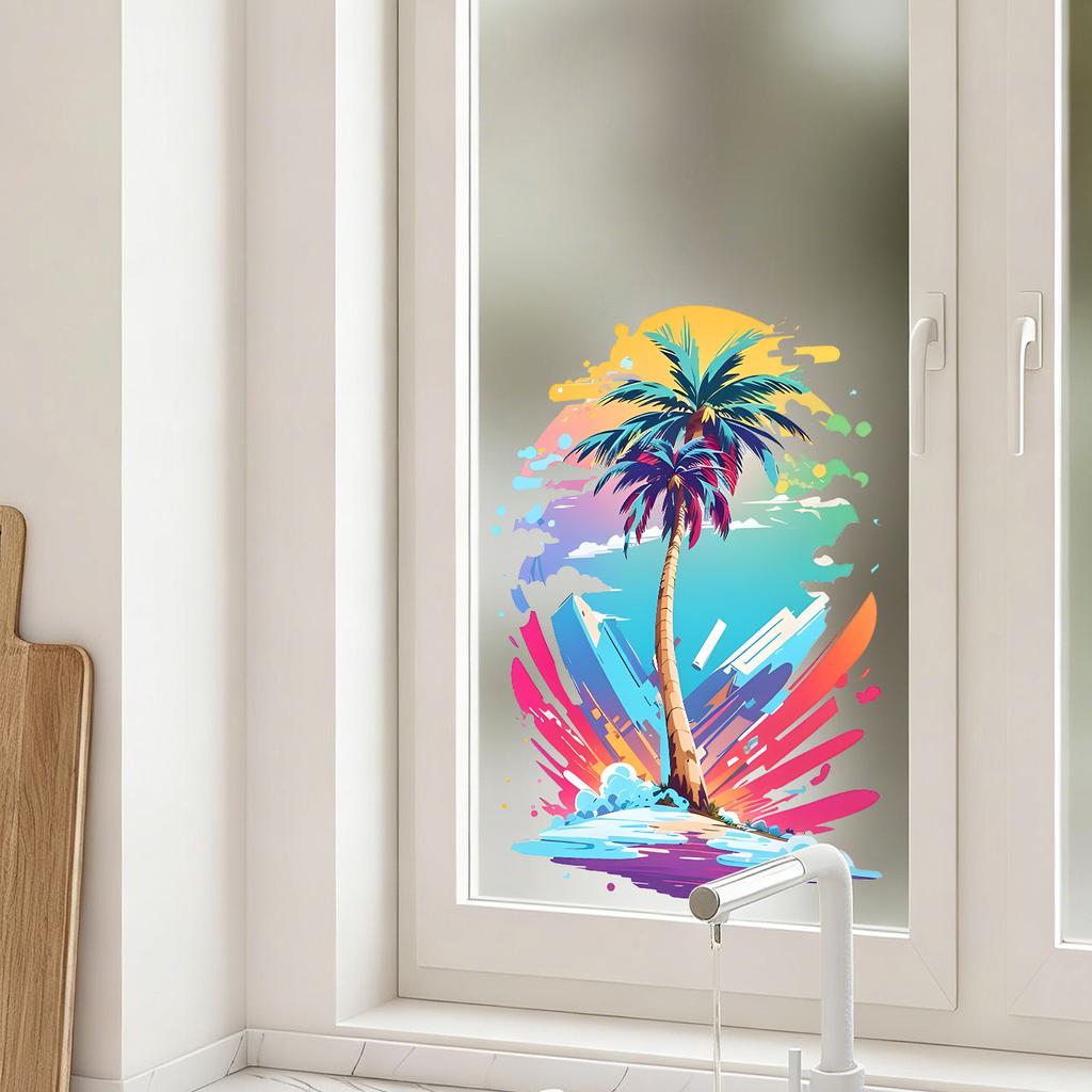 Static Cling Window Stickers Creative Doodle Coconut Tree for Kids Room Bedroom Kitchen Bathroom Glass Decor