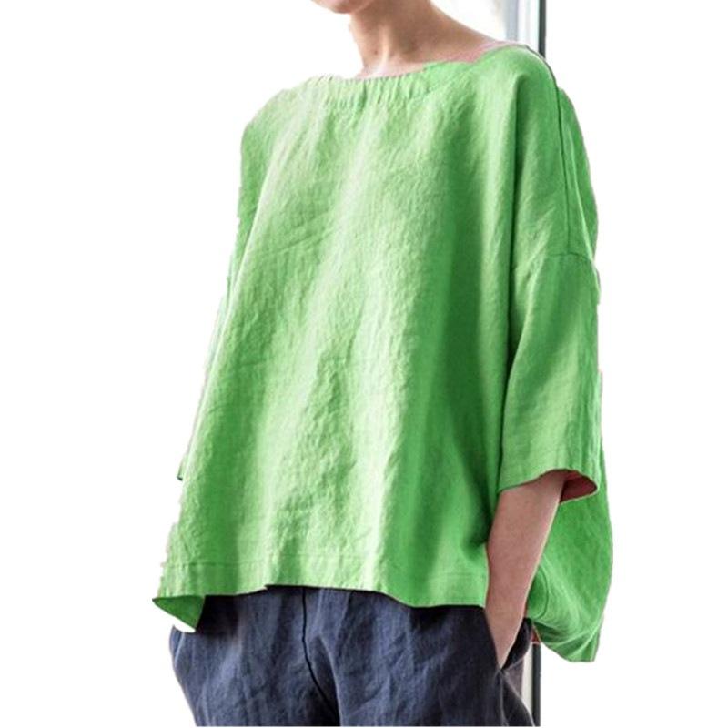 Women Summer Plus Size Cotton Linen Blouse Solid Color Vintage Beachwear Simple Thin Shirts