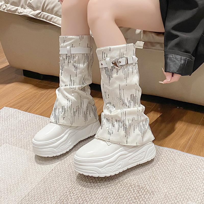 

Fashion Fashion Women s Shoes Thick Soled Mid-calf Boots Round Head Sequin Platform Sneakers Autumn Bling Western Long Botas for Women 35 бежевый