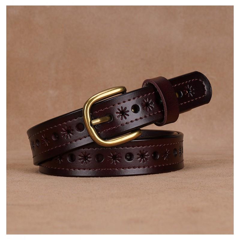 Womens Genuine Leather Belt With Hollow Cut Design Slim Waistband Casual Office Jeans Outfits Zinc Alloy Pin Buckle