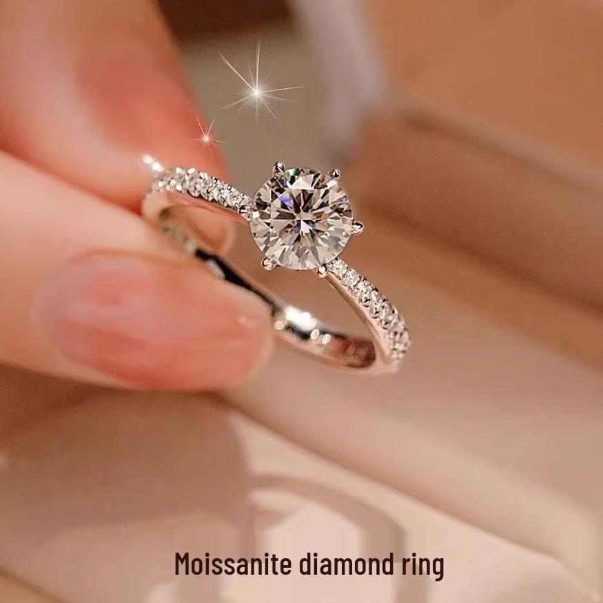 

S925 Sterling Silver Moissanite Ring for Women - Six-Prong Micro-Pave, 1 Carat, 50 Points Adjustable Opening