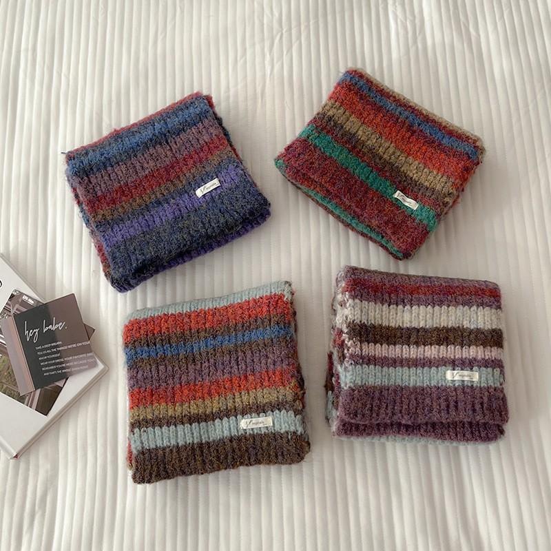 Soft Knitted Scarf Women Winter Warm Thick Striped Infinity Loop Vintage Color Block Style