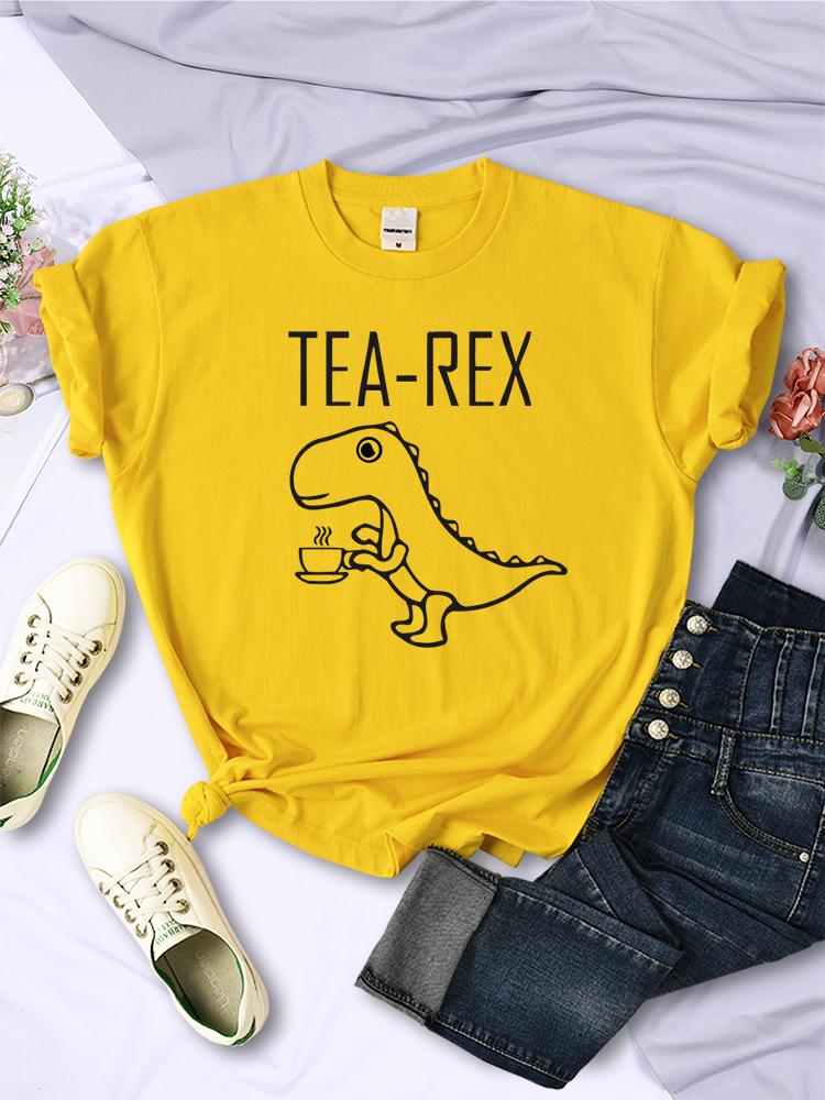 Tea Rex Funny Dinosaur Drink Coffee Female T-Shirts Breathable Casual Short Sleeve Personality All-math Tee Clothing Women Tops