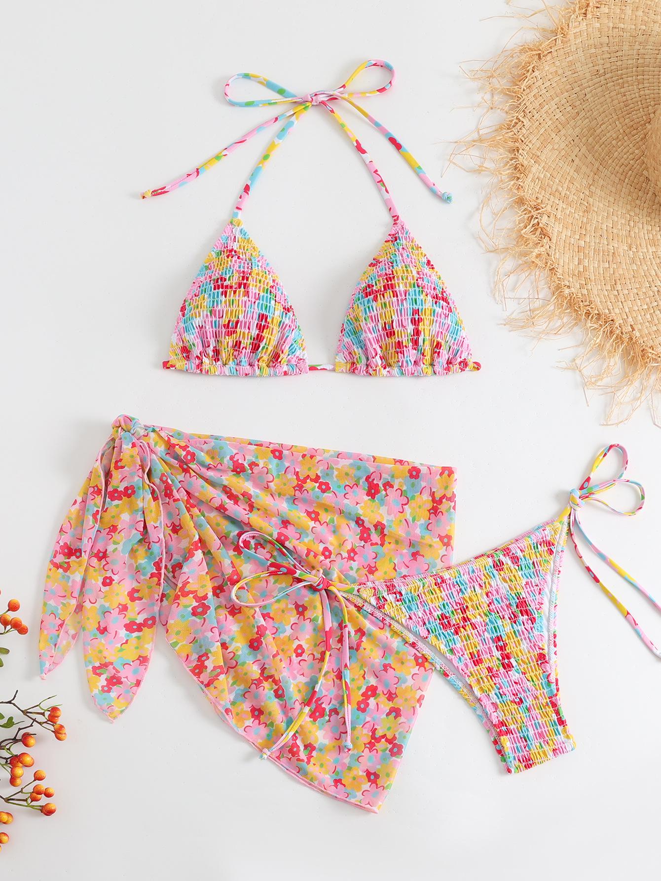 

Женский сексуальный цветочный комплект бикини из трех предметов - Пляжная одежда для отдыха в европейском и американском стиле L цветочный