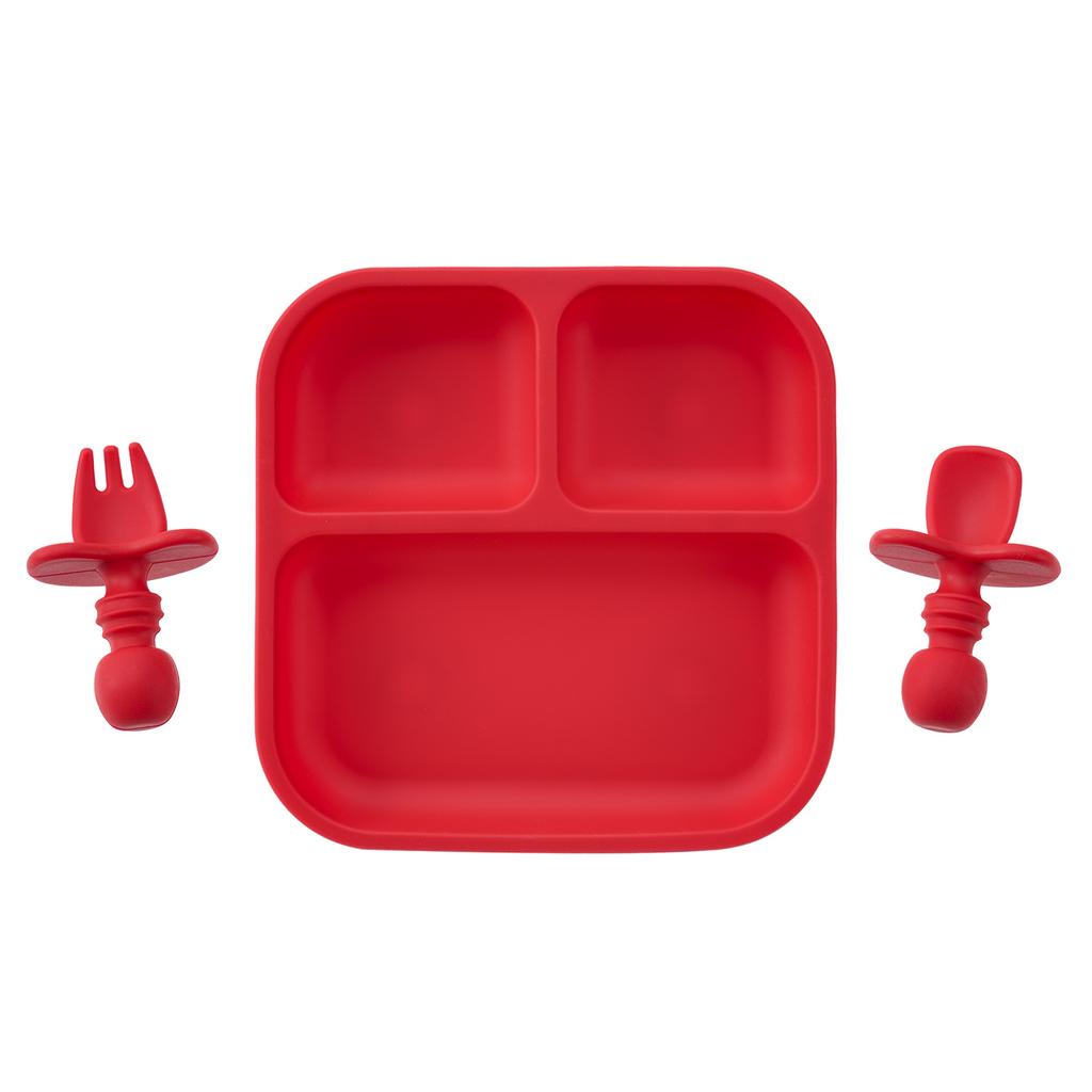 Color Kids 3PC BPA-Free Silicone Baby Feeding Set Sucker Dishes Plates Training Fork Spoon Weaning Tableware Kids Christmas Gift