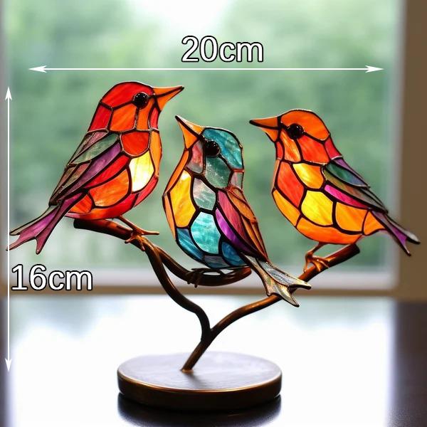 Stained Birds On Branch Desktop Ornaments Home Accessories Home Decor Glass Bird Sculpture Table Accent Colored Figurine Metal