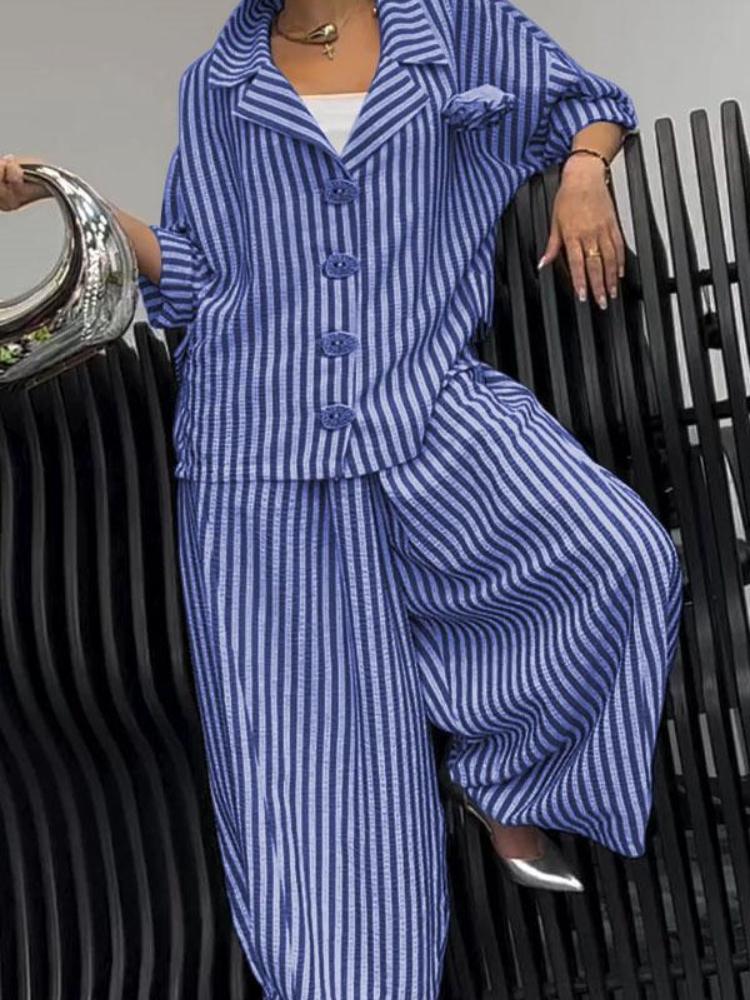 Women's Black and White Striped Button-Up Shirt with Wide Leg Pants Set, Fashionable Two-Piece Outfit