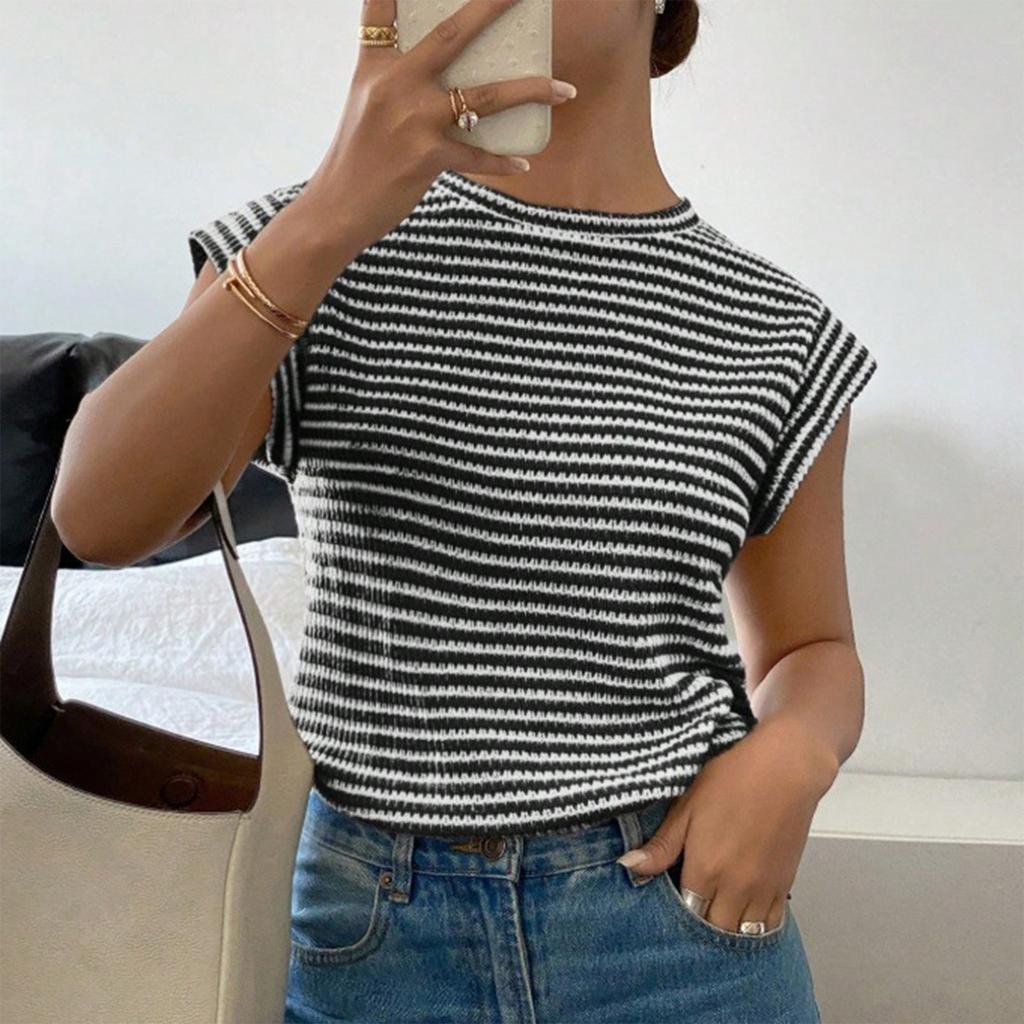 Women's Fashion Striped Round Neck Knitted Short Sleeved Pullover T-shirt Top