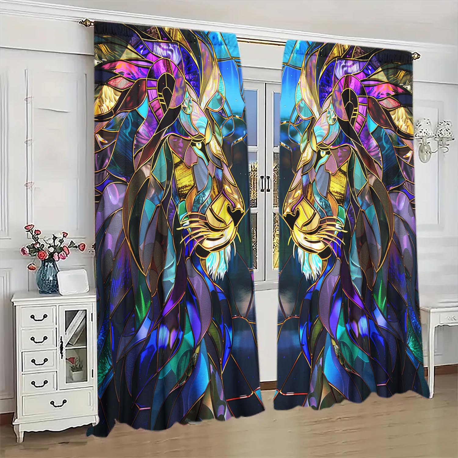 

Blackout Panels Stained Glass Lion Semi Curtain Half Suitable Home Decorative Curtains Artistic Made Of Polyester Washable W100*H70(CM)-Grommet top&2PCS