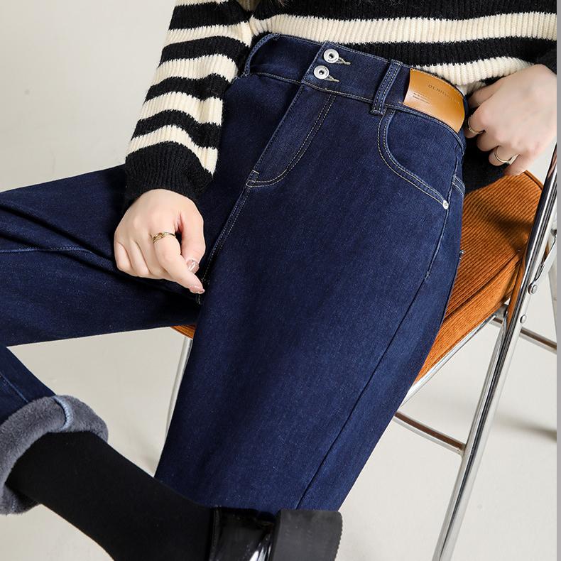 Haren Fleece Jeans for Women Autumn and Winter High Waist Loose Tight Waist Carrot Dad Pants for Women