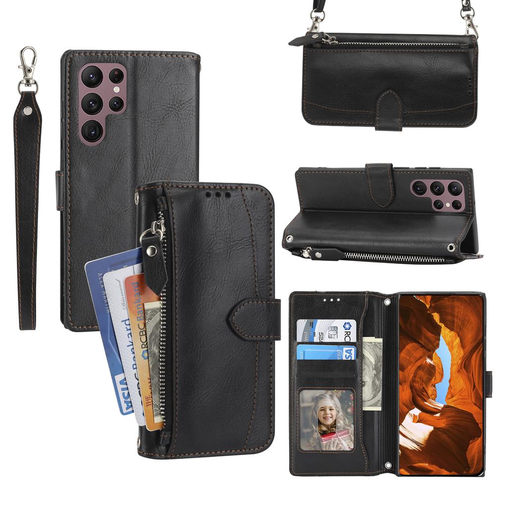 For Samsung Galaxy S26 Ultra Case Zipper Pocket Leather Phone Cover with Crossbody Shoulder Strap