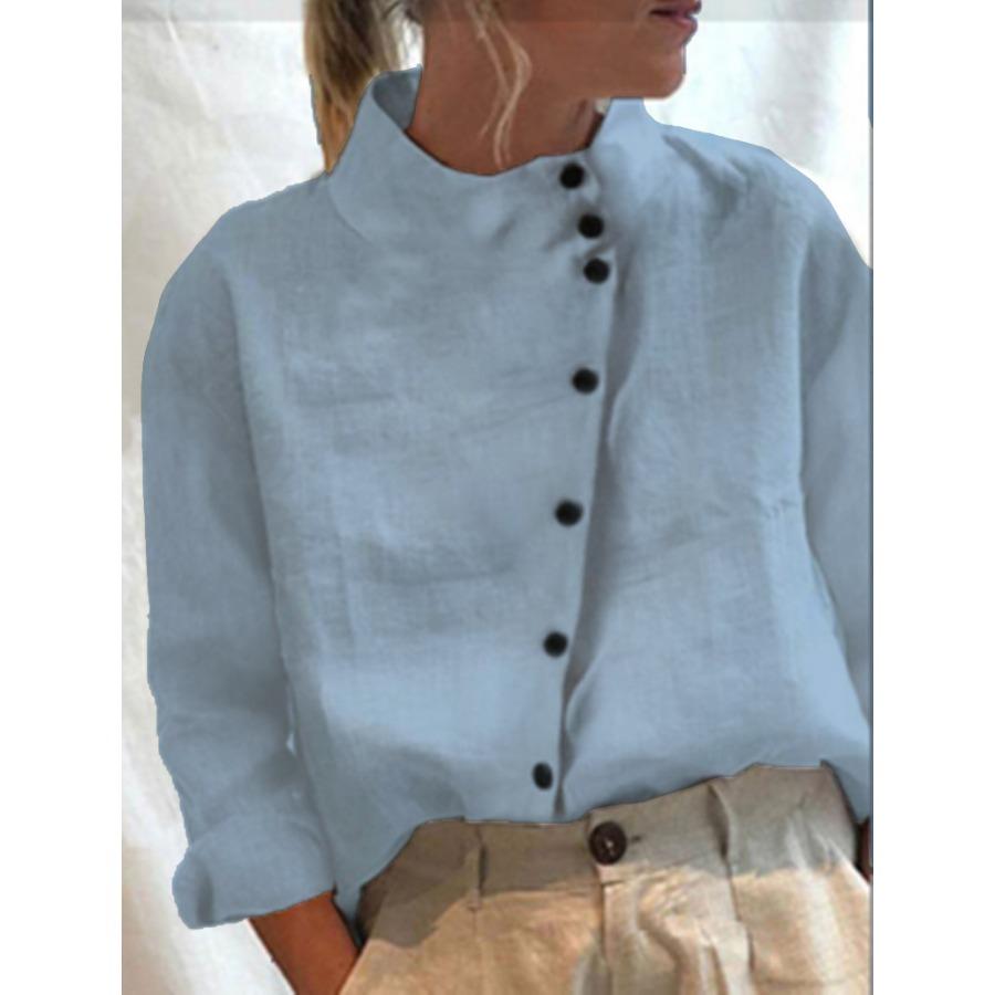 Womens Casual Blouse Spring Side Button Cotton Blouse Solid Color Long Sleeve Linen Tops Casual Ladies Breathable Shirt