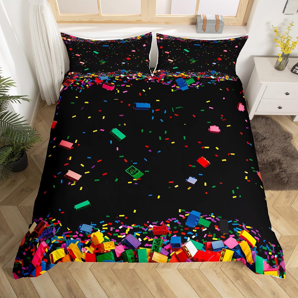 

Постільна білизна З днем ​​народження з 3D-блоками, підодіяльником Single Queen , барвистим будівельним матеріалом, з 2 наволочками EU Single(135x200cm)