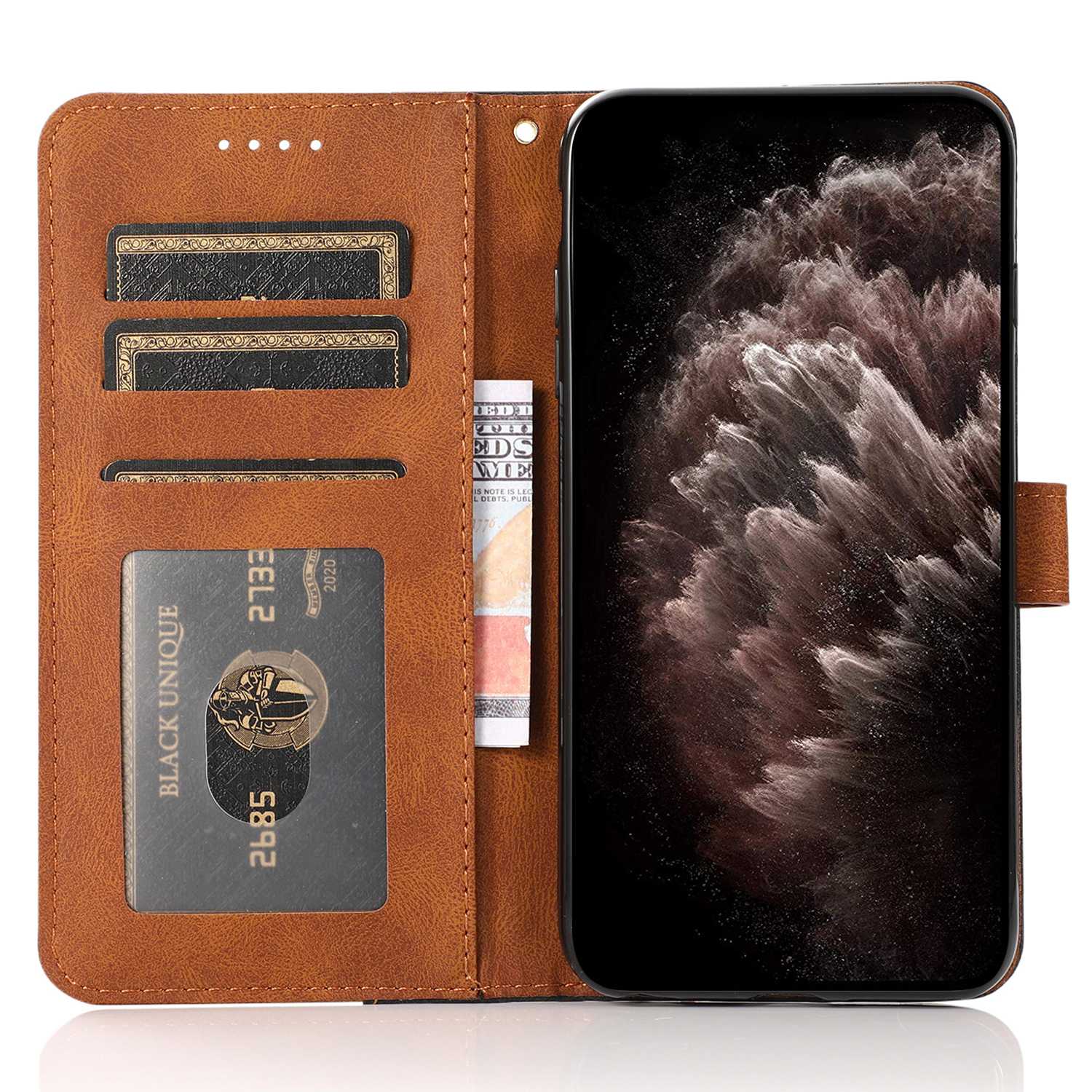 

For Samsung Galaxy A14 5G Color Splicing PU Leather Full Protection Inner TPU Phone Case Wallet Stand Cover with Wrist Strap Black/Brown