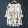 Women's Fashionable And Casual Shirt Long-sleeved V-neck Print Cotton And Linen Blouse