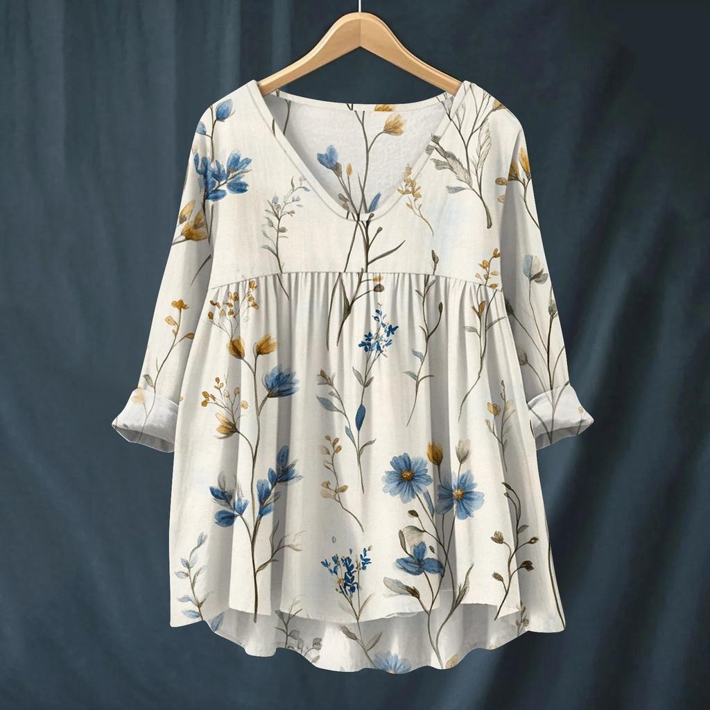 Women's Fashionable And Casual Shirt Long-sleeved V-neck Print Cotton And Linen Blouse