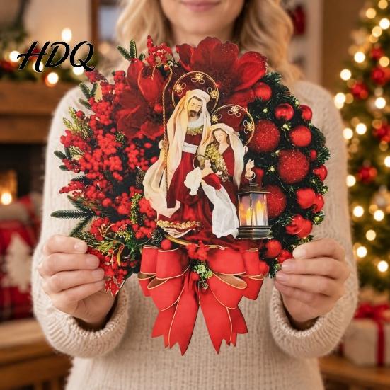 Artificial Holiday Wall Decor with Red Berries 2D Flat Wooden Nativity Christmas Wreath Little Jesus Holly Family Front Indoor Outdoor Mantel